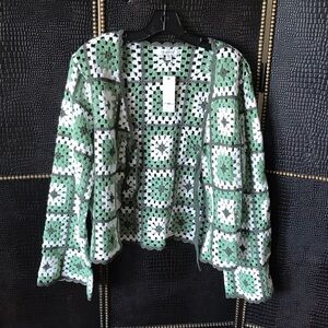 Open-Front Crochet Square Cardigan - Green & White